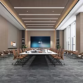 Modern Conference Room Interior With Long Conference Table Chairs Large Screen Windows And Wooden Walls