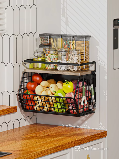 Organized Fresh Vegetables in Wall Mounted Metal Basket with Glass Jars of Dried Goods 3d model 