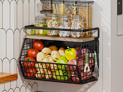 Organized Fresh Vegetables in Wall Mounted Metal Basket with Glass Jars of Dried Goods 3d model