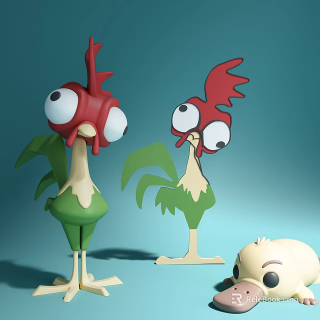 Cute Rooster Dolls with Red Heads Green Bodies and Small Yellow Doll Beside 3d model 
