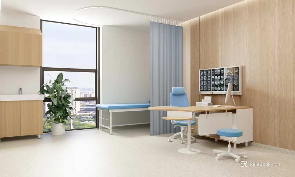 Modern Hospital Outpatient Clinic with Wooden Walls Window Plant Blue Bed Desk Chairs And 3d model 