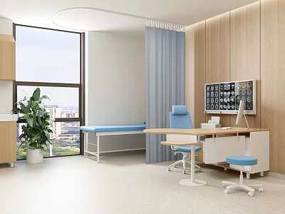 Modern Hospital Outpatient Clinic with Wooden Walls Window Plant Blue Bed Desk Chairs And 3d model