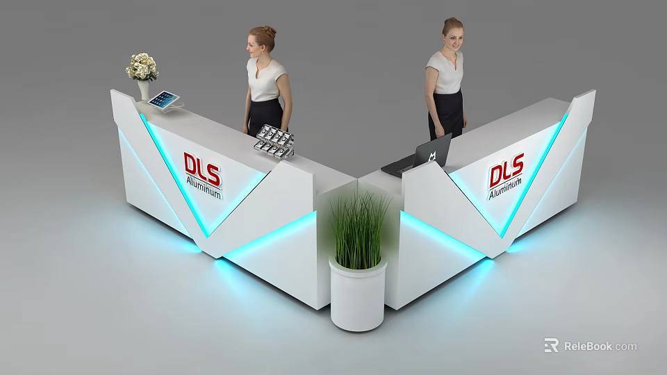 Modern Reception Desk With DLIS Logo Staff Tablet Flower And Blue Lighting 3d model 