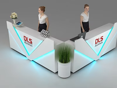 Modern Reception Desk With DLIS Logo Staff Tablet Flower And Blue Lighting 3d model