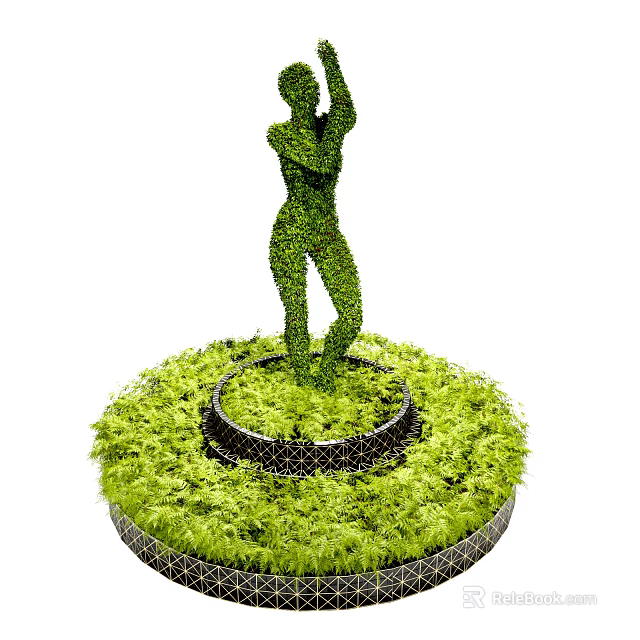 Human Shaped Topiary Bush Sculpture With Decorative Base And Green Lawn 3d model 