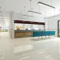 Clean Modern Hospital Corridor With Glass Partitions Blue Bench And Tile Floor