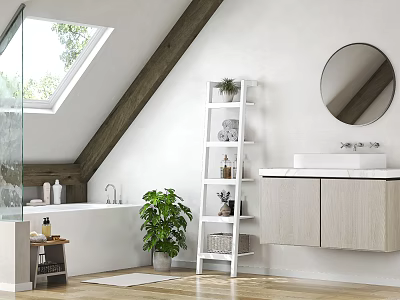 Modern Bathroom Washbasin Vanity With Round Mirror White Shelf And Green Plant 3d model