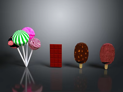 Assorted Colorful Desserts Display Featuring Lollipops Chocolate Bar And Chocolate Strawberry Ice Cream 3d model