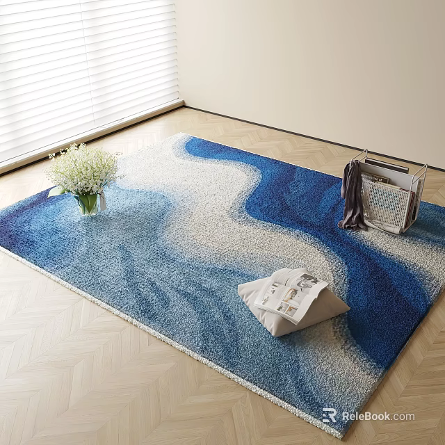 Square Blue White Wavy Pattern Rug With Vase Handbag And Newspaper On Wooden Floor 3d model 