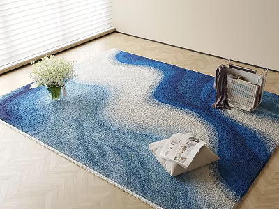 Square Blue White Wavy Pattern Rug With Vase Handbag And Newspaper On Wooden Floor 3d model