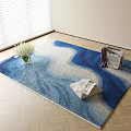 Square Blue White Wavy Pattern Rug With Vase Handbag And Newspaper On Wooden Floor