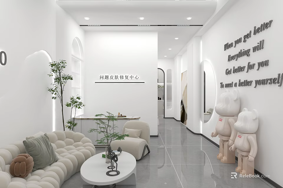 Modern Beauty Salon Interior With Relaxing Sofa Green Plants And White Sculptures 3d model 