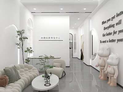 Modern Beauty Salon Interior With Relaxing Sofa Green Plants And White Sculptures 3d model