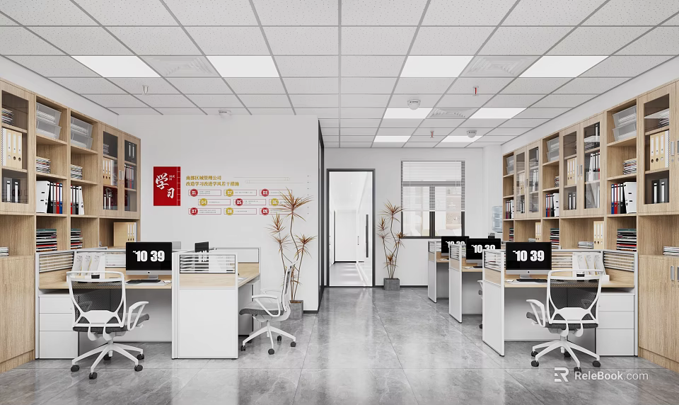 Modern Public Office Space With Open Layout Desks Chairs Monitors Bookshelves And Potted Plants 3d model 