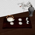 Elegant Tea Set with White Teapot Wooden Tray White Teacups and Gray Vase on Table