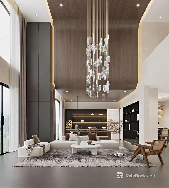 Modern Duplex Living Room With High Ceiling Chandelier And Large Windows 3d model