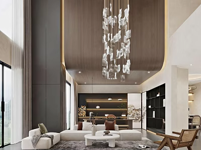 Modern Duplex Living Room With High Ceiling Chandelier And Large Windows 3d model