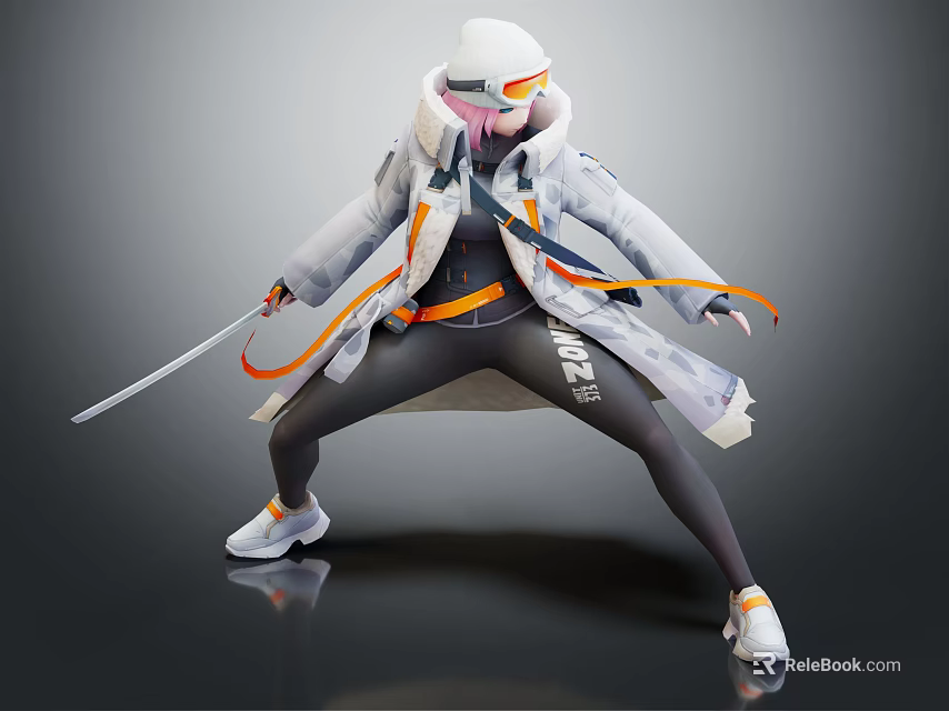 Game Character In White Coat With Orange Blue Accents Pink Mask Holding Sword Combat Stance 3d model 