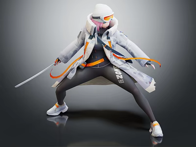 Game Character In White Coat With Orange Blue Accents Pink Mask Holding Sword Combat Stance 3d model