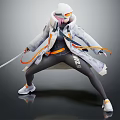 Game Character In White Coat With Orange Blue Accents Pink Mask Holding Sword Combat Stance