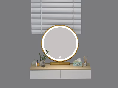 Modern Dressing Table With Round Lighted Mirror Gold Frame And Skincare Products 3d model