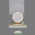 Modern Dressing Table With Round Lighted Mirror Gold Frame And Skincare Products