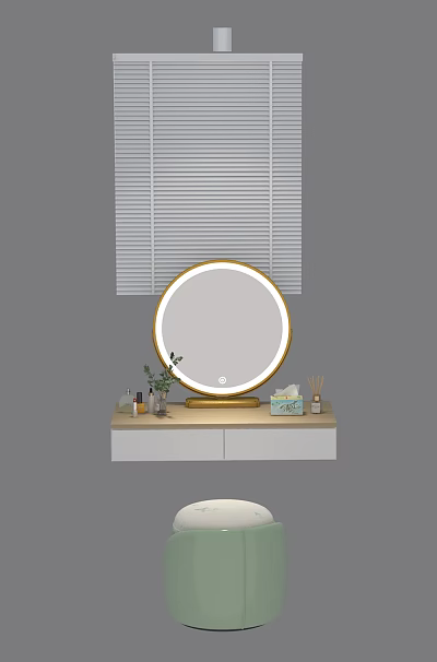 Modern Dressing Table With Round Lighted Mirror Gold Frame And Skincare Products 3d model