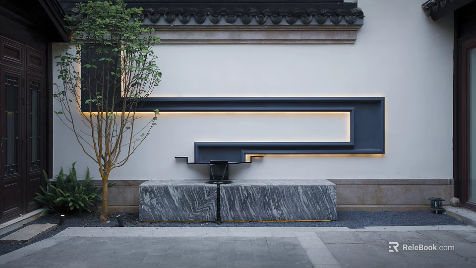 Modern Landscape Feature Wall With White Surface Black Lines Lighting And Marble Bench 3d model