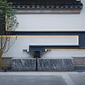 Modern Landscape Feature Wall With White Surface Black Lines Lighting And Marble Bench 3d model
