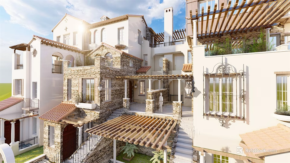 Mediterranean Style Townhouse Exterior With Red Tiled Roof Stone Walls Arched Windows And Wooden Pergola 3d model 