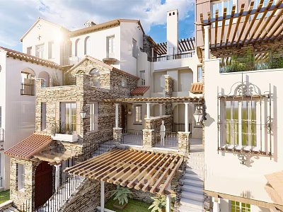 Mediterranean Style Townhouse Exterior With Red Tiled Roof Stone Walls Arched Windows And Wooden Pergola 3d model
