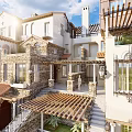 Mediterranean Style Townhouse Exterior With Red Tiled Roof Stone Walls Arched Windows And Wooden Pergola