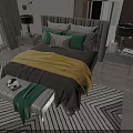 Double Bed With Grey Headboard Green And White Pillows Yellow Blanket Nightstands And Geometric Rug
