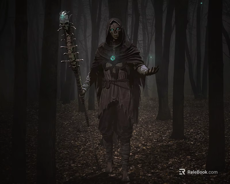 Hooded Game Movie Character With Glowing Eyes Green Gem Holding Glowing Staff In Dim Forest 3d model 