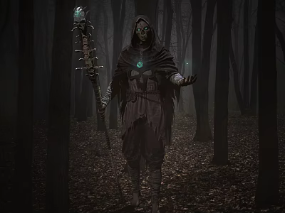 Hooded Game Movie Character With Glowing Eyes Green Gem Holding Glowing Staff In Dim Forest 3d model