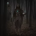 Hooded Game Movie Character With Glowing Eyes Green Gem Holding Glowing Staff In Dim Forest