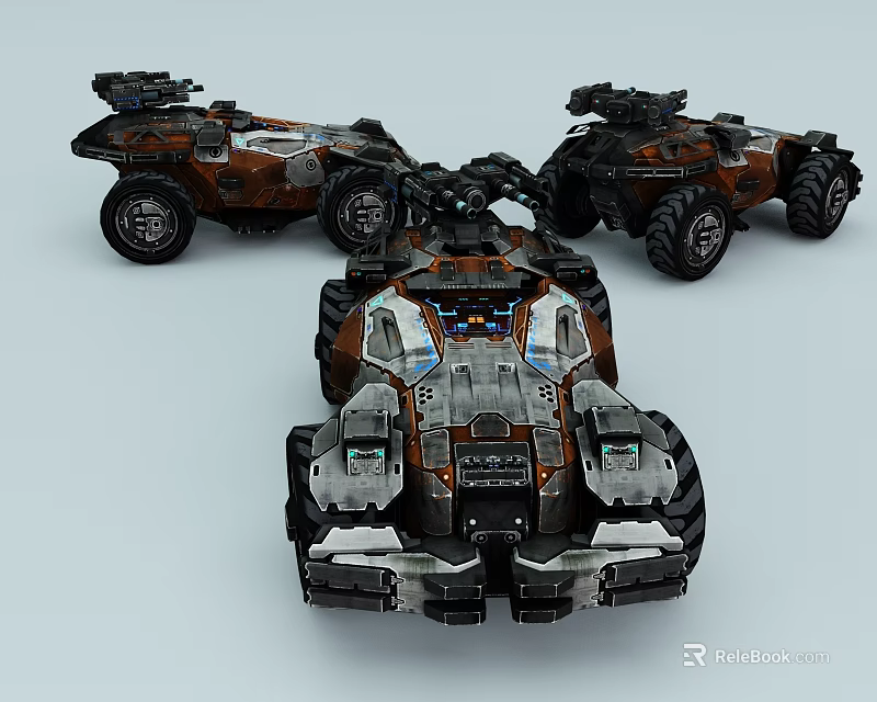 Advanced Military Weapon Systems On Brown Black Armored Combat Vehicles With Mechanical Turrets 3d model 
