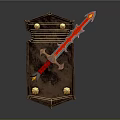 Red Sword With Silver Gold Accents Leaning On Brown Wooden Shield With Ornate Design
