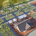 Rural Landscape With Golden Rice Fields Wooden Cottage And Palm Trees Under Clear Blue Sky