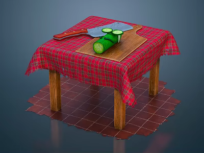 Wooden Table With Red Checkered Tablecloth Cutting Board Cucumber Slices Knife And Whole Cucumber 3d model