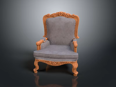 Classic Carved Wooden Frame Armchair With Gray Upholstery And Decorative Legs 3d model