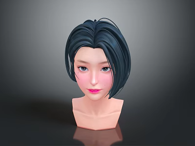 3D Character Female Head Model With Short Black Hair Blue Eyes And Pink Lips 3d model
