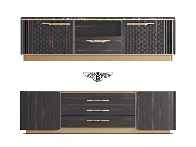 Elegant Modern TV Cabinet Design With Dark Wood Quilted Panels Gold Accents And Drawers 3d model