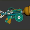 Cartoon Style Teal And Orange Weapon With Mechanical Wheel And Round Component