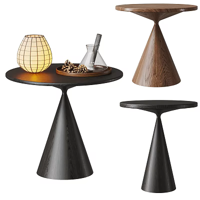 Modern Wooden Side Tables Featuring Conical Bases Round Tops and Decorative Items 3d model