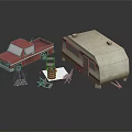 Camping Scene With Red Truck White Trailer Firewood Chairs And Barrel