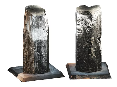 Two Ancient Stone Sculpture Carving With Detailed Inscribed Text On Pedestal Base 3d model