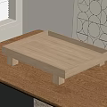 Natural Wood Tray With Legs On Wooden Table Near Window Blinds And Geometric Wall Pattern
