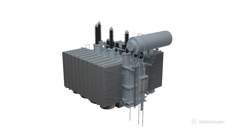 High Voltage Industrial Transformer With Cooling Radiator And Insulating Bushings 3d model 