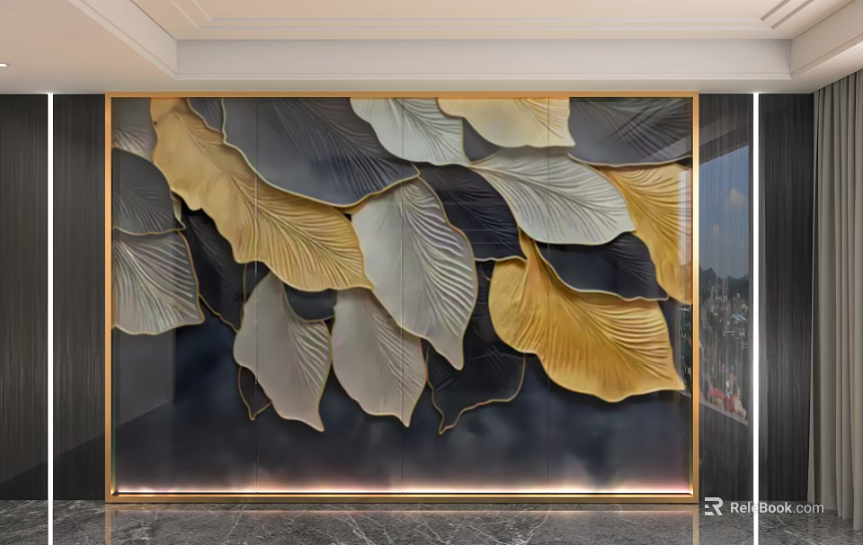 Elegant Modern Background Wall With Gold Gray Black Leaf Shaped Decorations And Metal Frame 3d model 